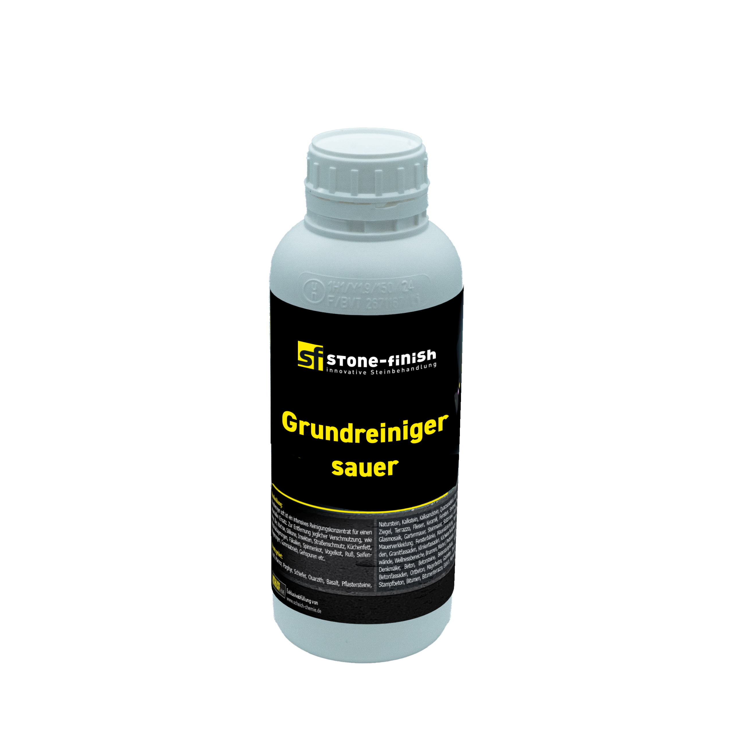 StoneFinish Grundreiniger sauer ist ein industrielles Reinigungskonzentrat zur Entfernung starker Verschmutzungen und organischer Rückstände auf säurebeständigen Untergründen. Ideal für Beton, Keramik, Kunst- und Naturstein. Auch bei Ruß, Ausblühungen, Rost und Algen wirksam. Pur oder verdünnt anwendbar, auch für vertikale Flächen geeignet.